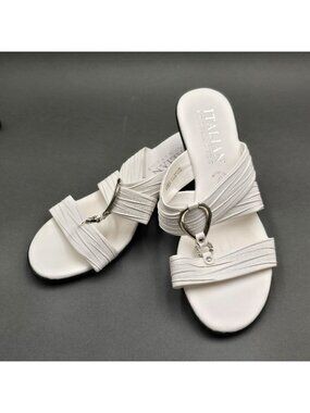 Italian Shoemakers Wedge Sandals Size 7 White Metallic Ring Detail Slides